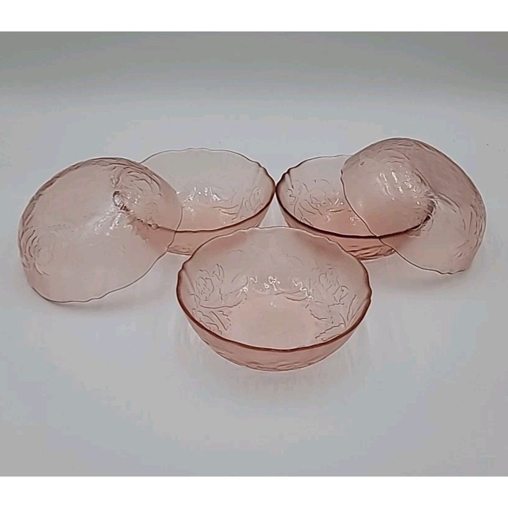 5VTG Arcoroc France Rosaline Pink Rose Glass Bowls Scalloped Depression Glass